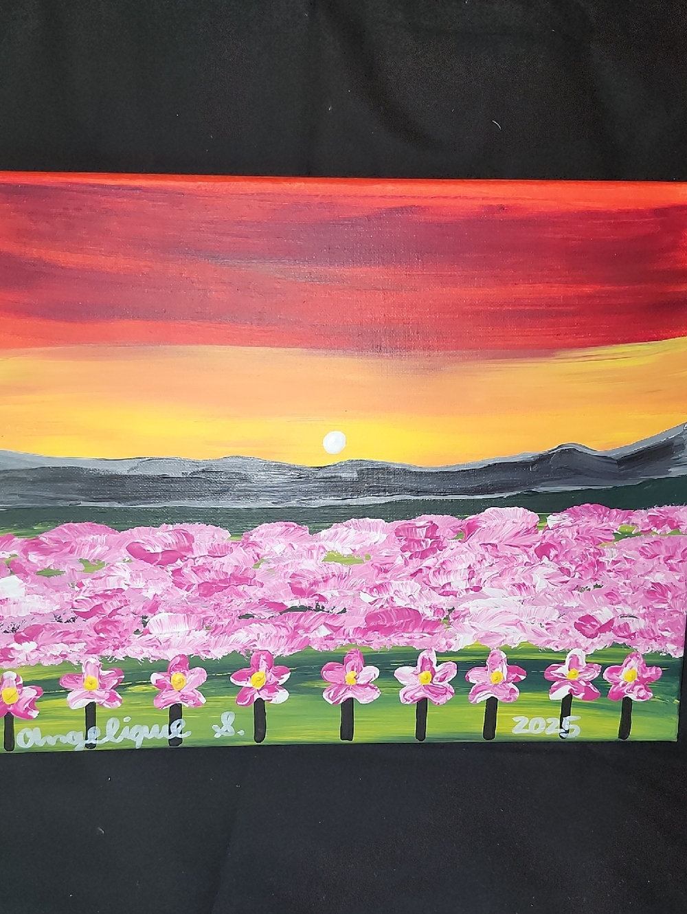Sunset Floral Field Painting - Pink & Yellow Landscape